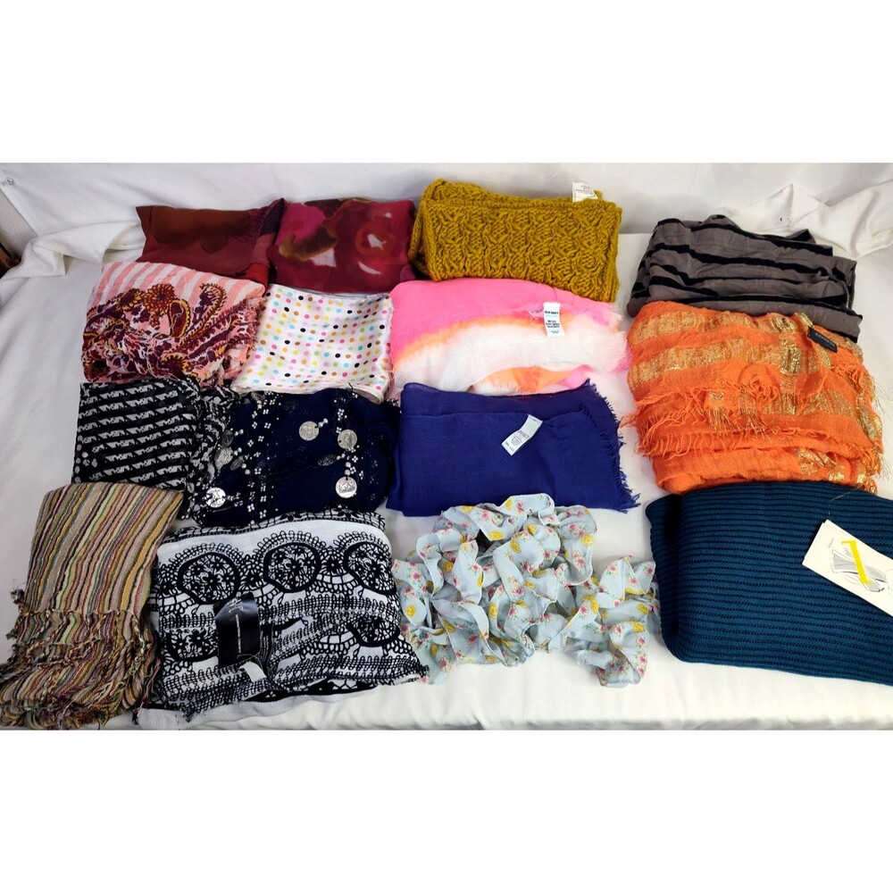 Lot Of 15 Vintage Scarves Various Materials, Colors Sizes Shawl Headband Wrap